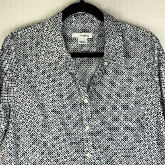 Liz Claiborne Classic Button Down Shirt Women Size Large Blue Diamond Green Dots - Picture 6 of 9